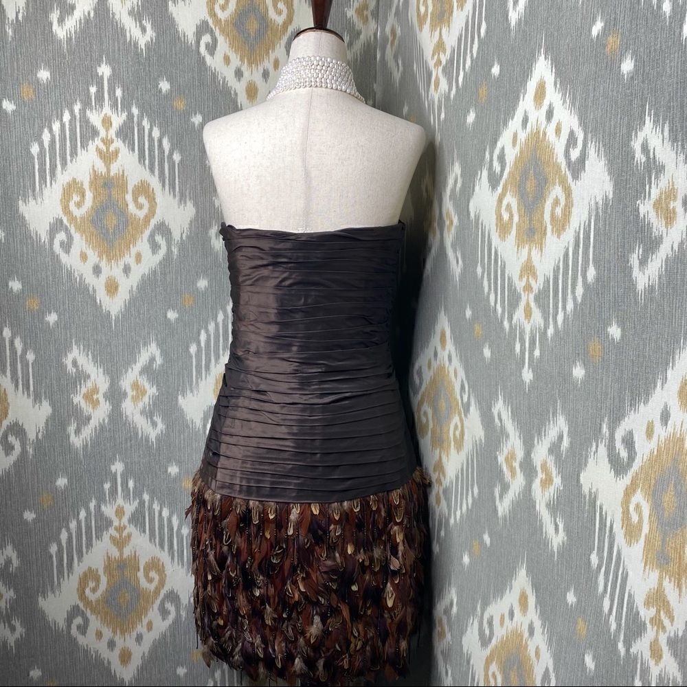 Ralph Lauren Vintage Brown Ruched Silk Taffeta Pheasant Feather Cocktail Dress - Picture 7 of 16